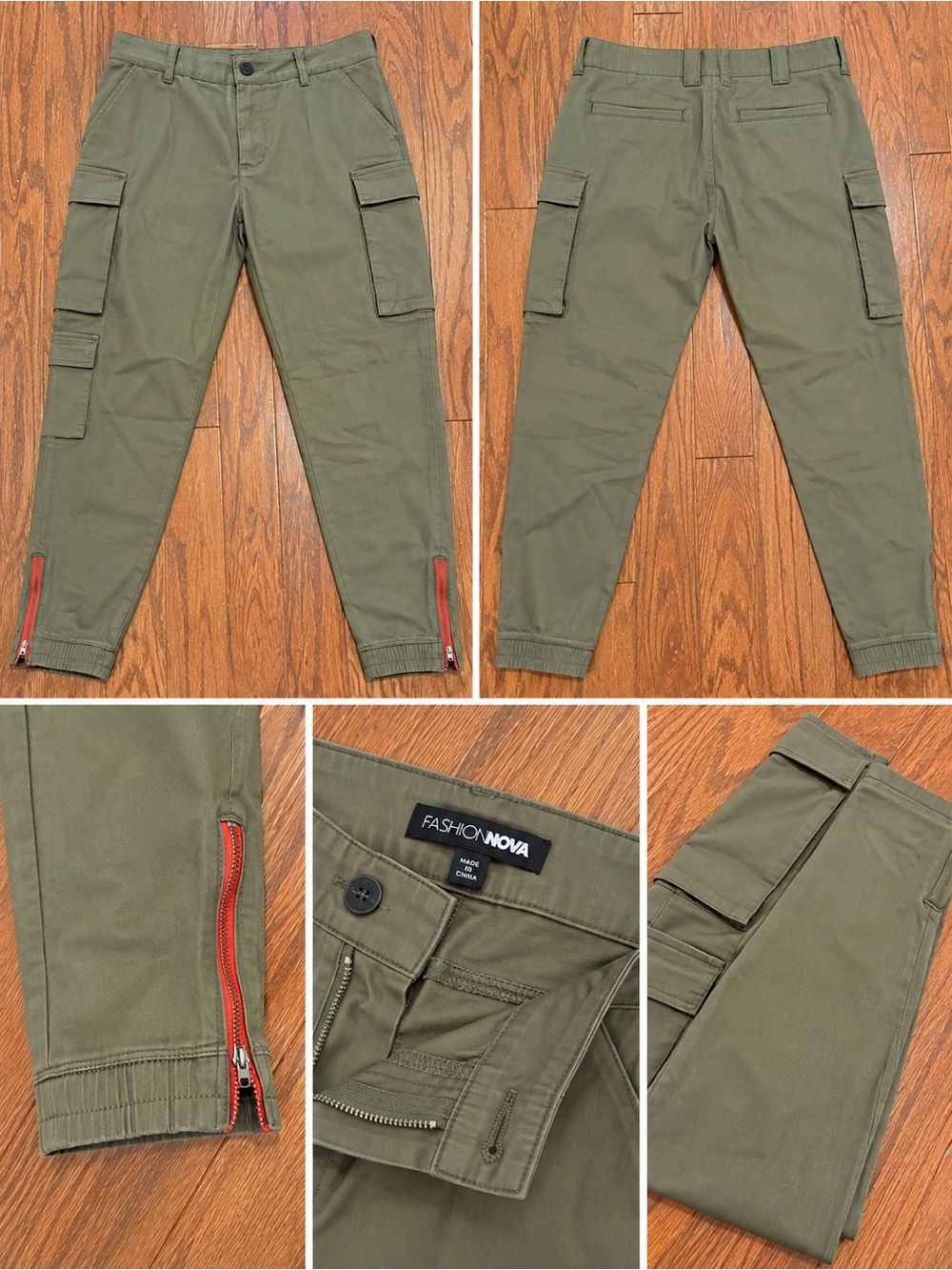 Fashion Nova Kalley Olive Cargo Pants 1X (14/16) Red Zip Ankle